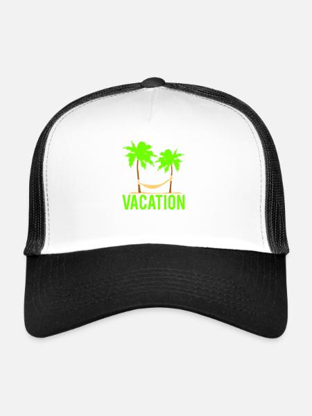 Vacation Text Hammock Sleeping Under 2 Palm Trees - Trucker Cap - white/black - Front