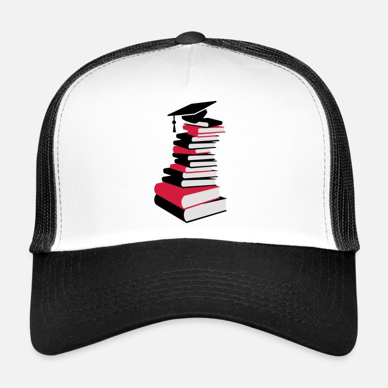A stack of books with a mortarboard Trucker Cap