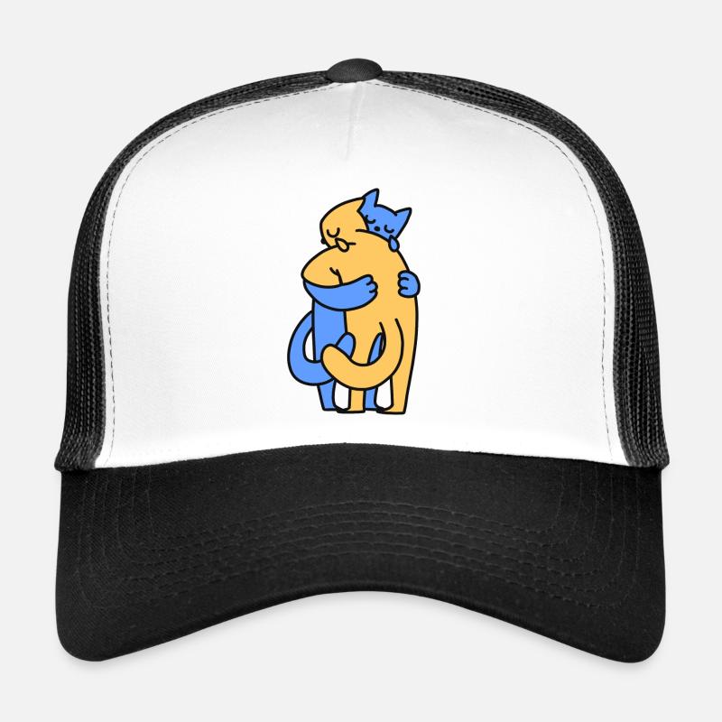 Two cats hugging. Yellow and Blue. Trucker Cap
