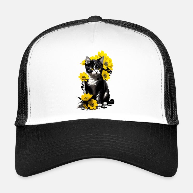 Kätzchen sitzend mit gelben Blumen - Trucker Cap - Weiß/Schwarz