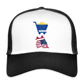 Kaufen Europäisch: Boykott USA, Einkaufswagen vertikal - Trucker Cap - Weiß/Schwarz - Vorne