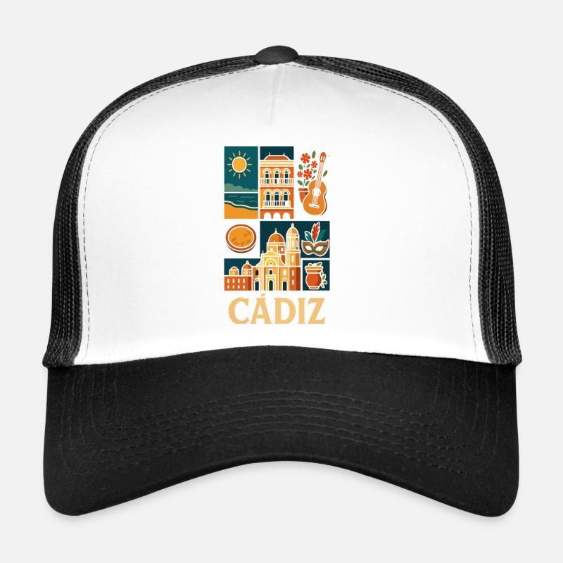 Cadiz Collage Sun Architecture Guitar Trucker Cap