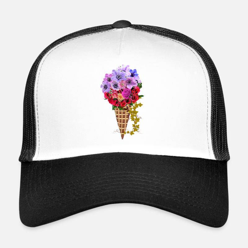 Bouquet de cornet de crème glacée floral - Casquette trucker  - blanc/noir