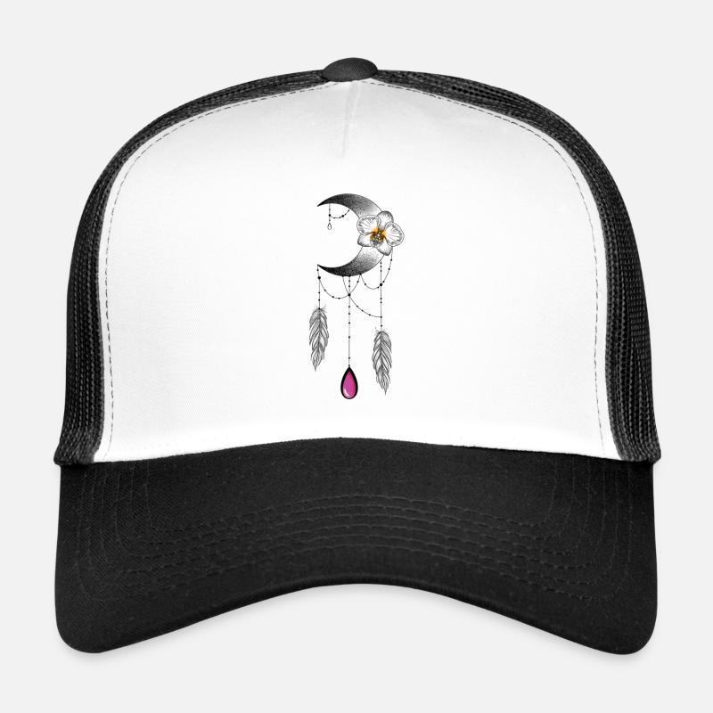 Moon Orchid Feather and Pearl Type Dream Catcher - Trucker Cap - white/black