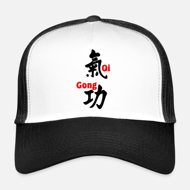 QI-Gong-Schrift mit Text in roter Vertikale - Trucker Cap - Weiß/Schwarz