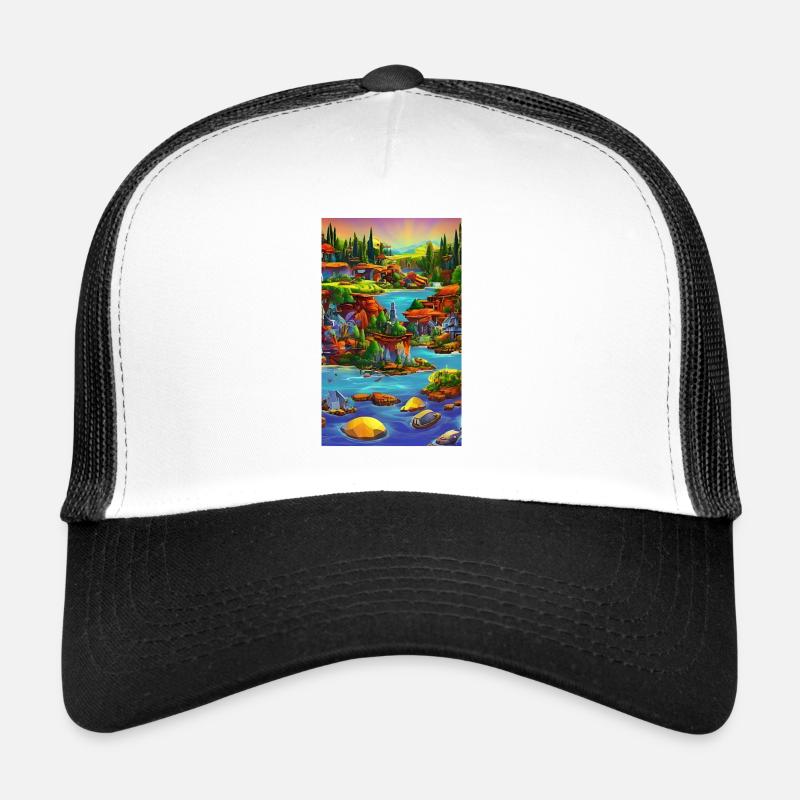 Abstract ai seaside town scene Trucker Cap