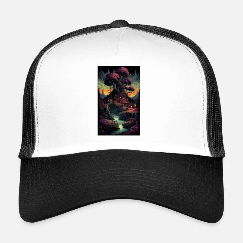 Surrealistic horror settlement landscape Trucker Cap