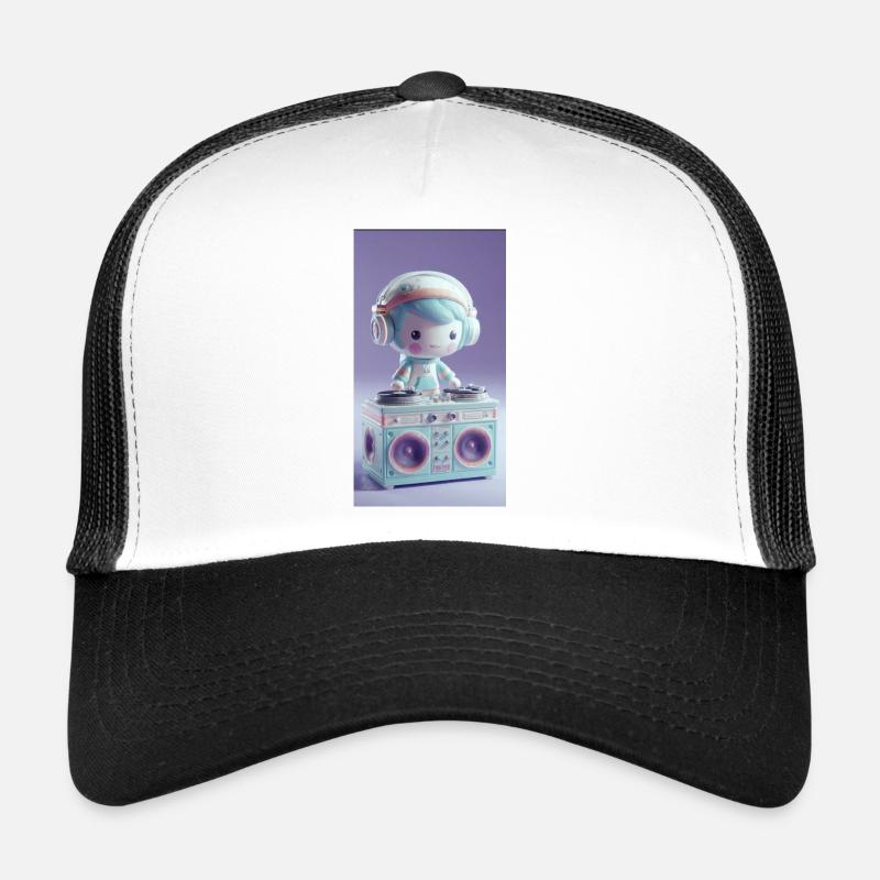 Pastell DJ Puppe am Turntable - Trucker Cap - Weiß/Schwarz