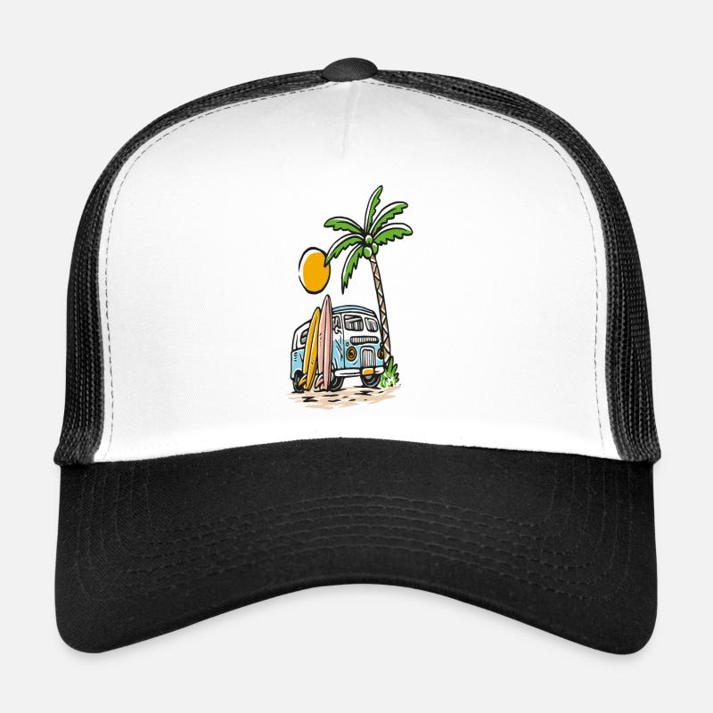 Bus de surf tropical sur la plage de palmiers Casquette trucker 