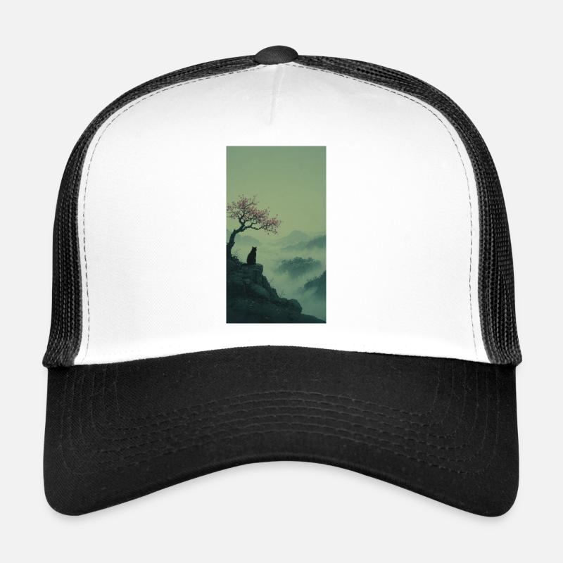 Chat noir à Sakura Tree – Design zen asiatique - Casquette trucker  - blanc/noir