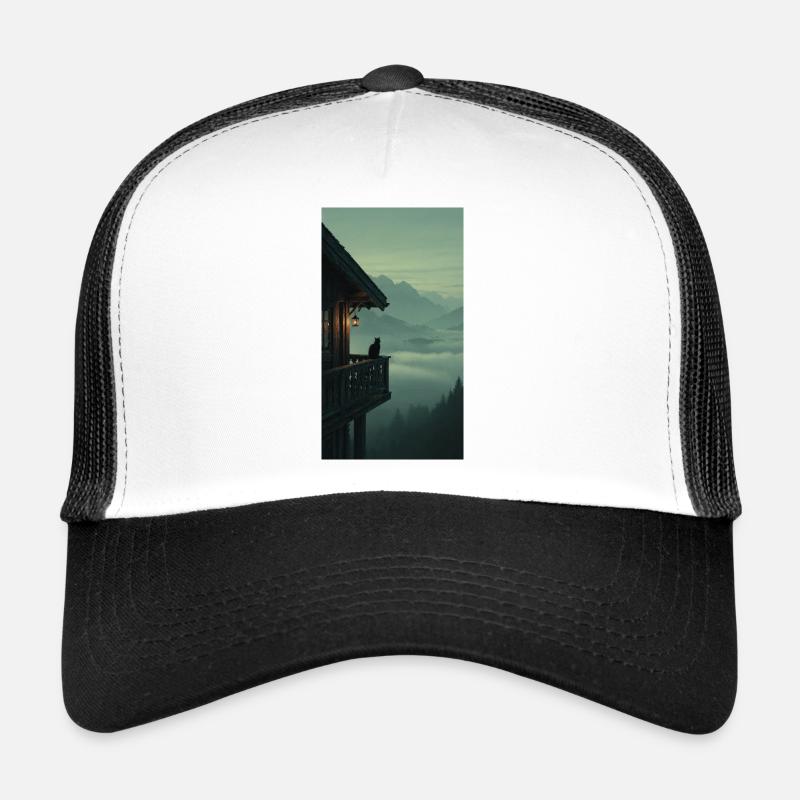 Black Cat on Mountain Balcony – Asian Zen Design Trucker Cap