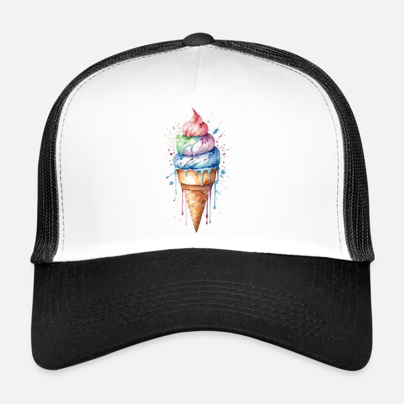 Rainbow Delight: Aquarell-Eistüte - Trucker Cap - Weiß/Schwarz