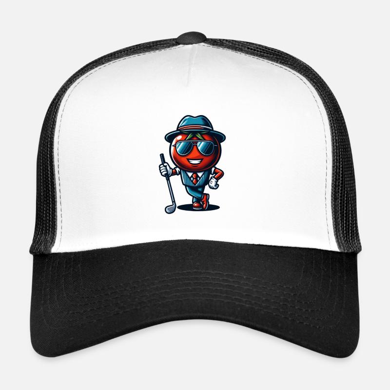 Drôle de tomate de golf dans un costume cool avec Casquette trucker 