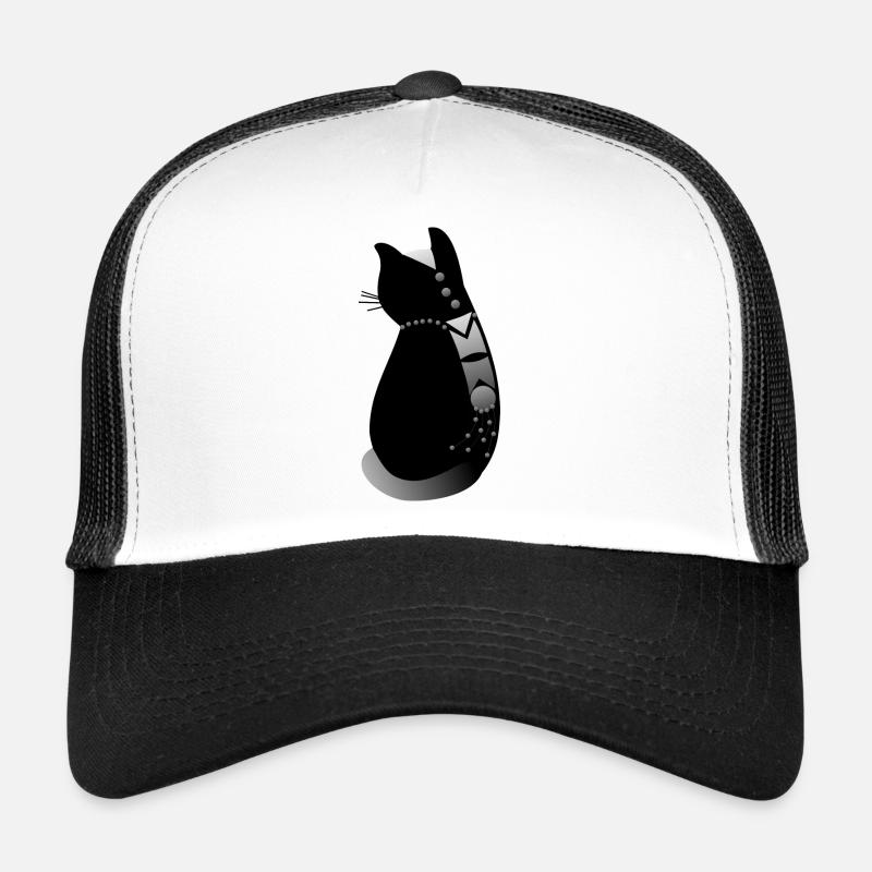 Chat noir tendre et décoré - Casquette trucker - blanc/noir