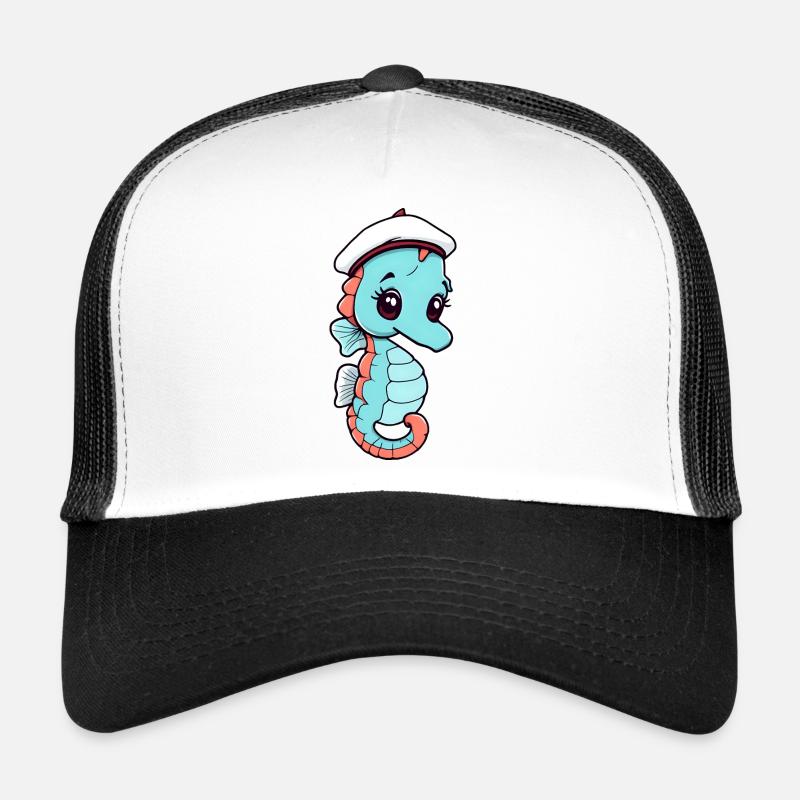 Hippocampe de dessin animé joyeux dans un chapeau de marin - Casquette trucker  - blanc/noir