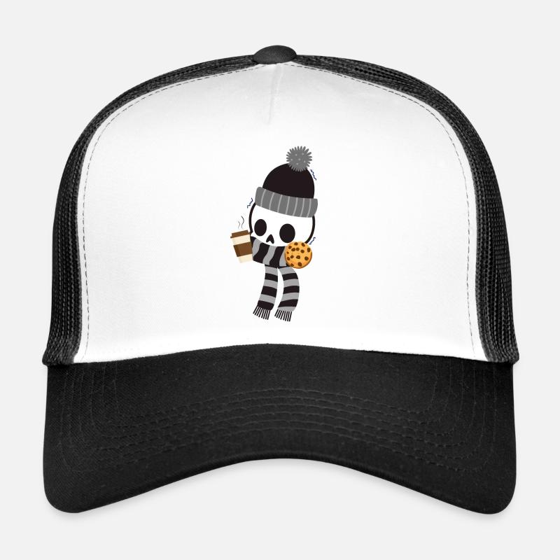 Shivering skeleton with coffee and cookie Trucker Cap