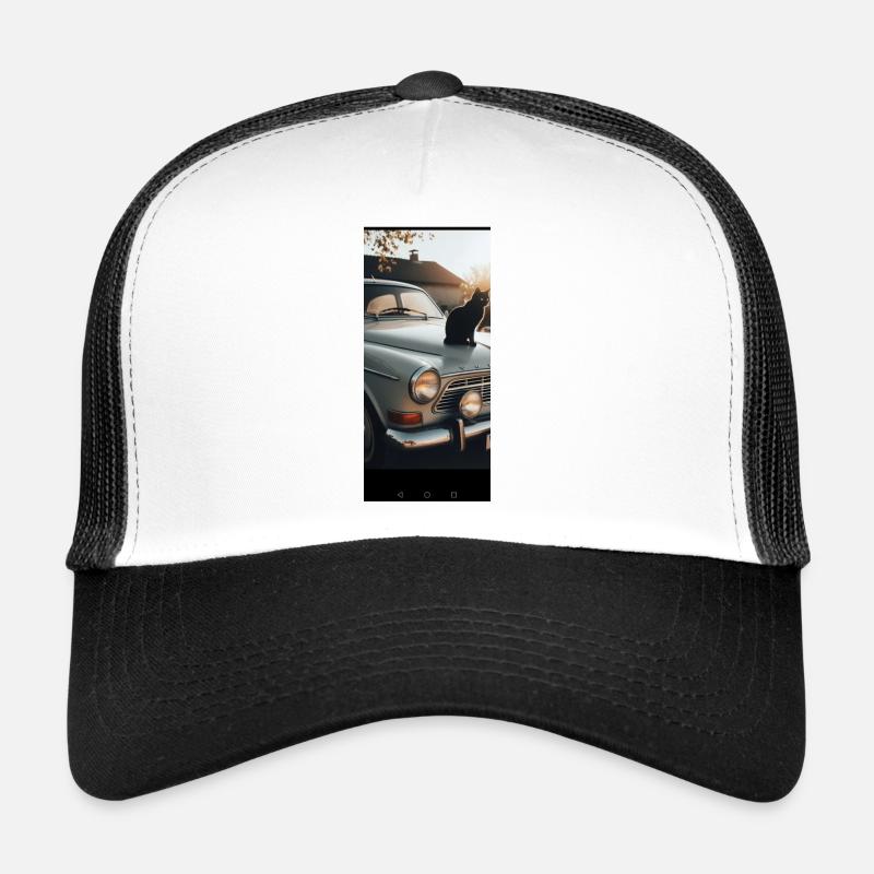Black cat on vintage car Trucker Cap