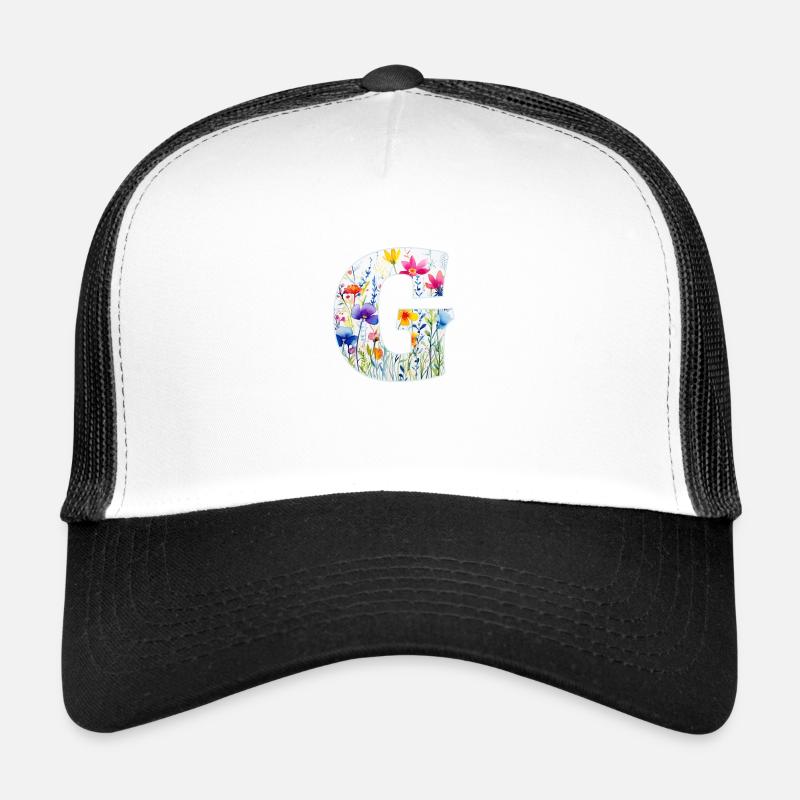Buchstabe G, Monogramm, Blumenmuster - Trucker Cap - Weiß/Schwarz