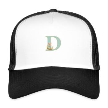 Lettre D, Monogramme, Fleurs, Lapin - Casquette trucker  - blanc/noir - Devant