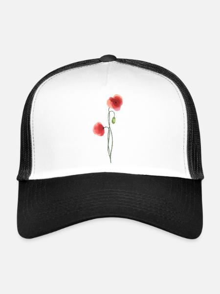 Fleur : coquelicot rouge - Casquette trucker  - blanc/noir - Devant
