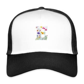 Lettre E, Monogramme, Motif Floral - Casquette trucker  - blanc/noir - Devant