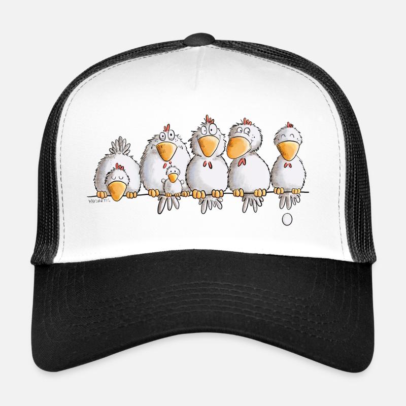 Hühner auf der Hühnerstange I Huhn Comic - Trucker Cap - Weiß/Schwarz