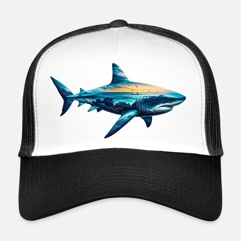 Verzierter Hai mit einer Meereslandschaft gemalt - Trucker Cap - Weiß/Schwarz