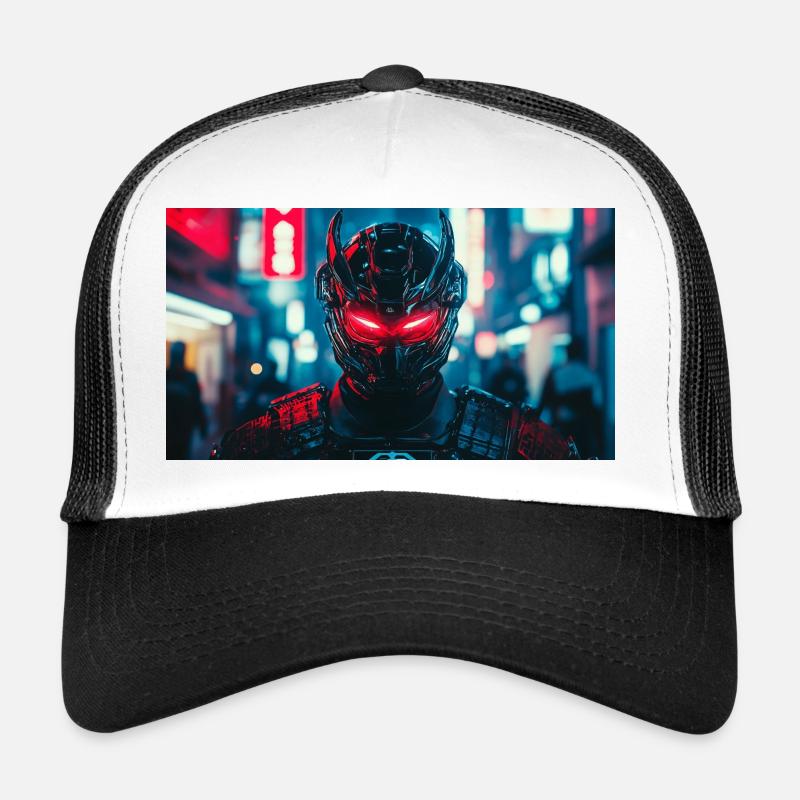 Futuristic Black and Red Warrior Face - Trucker Cap - white/black