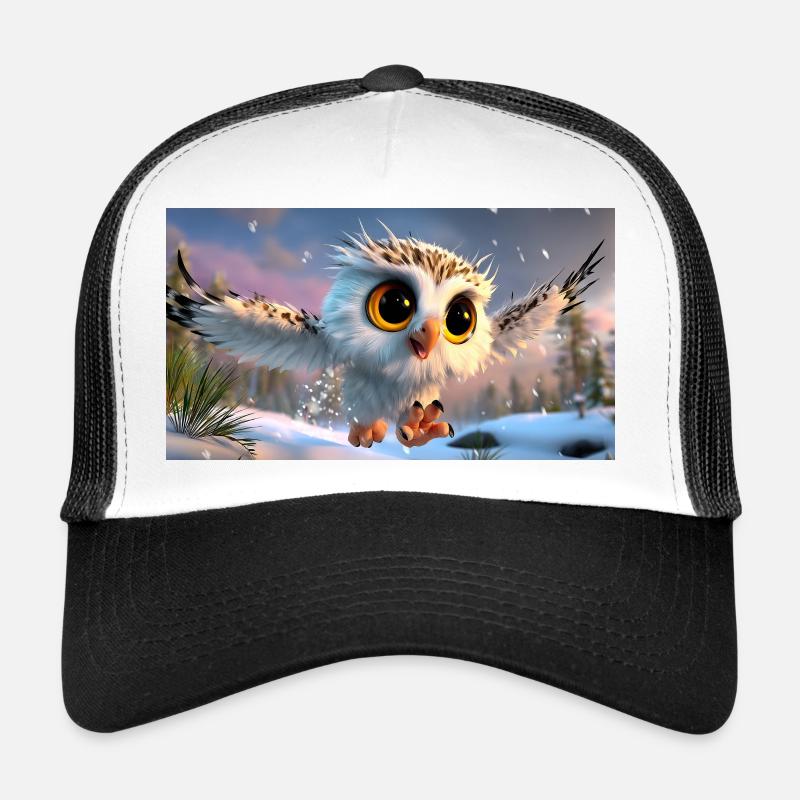 Flauschige Schnee-Eule mit Kulleraugen im Flug Trucker Cap