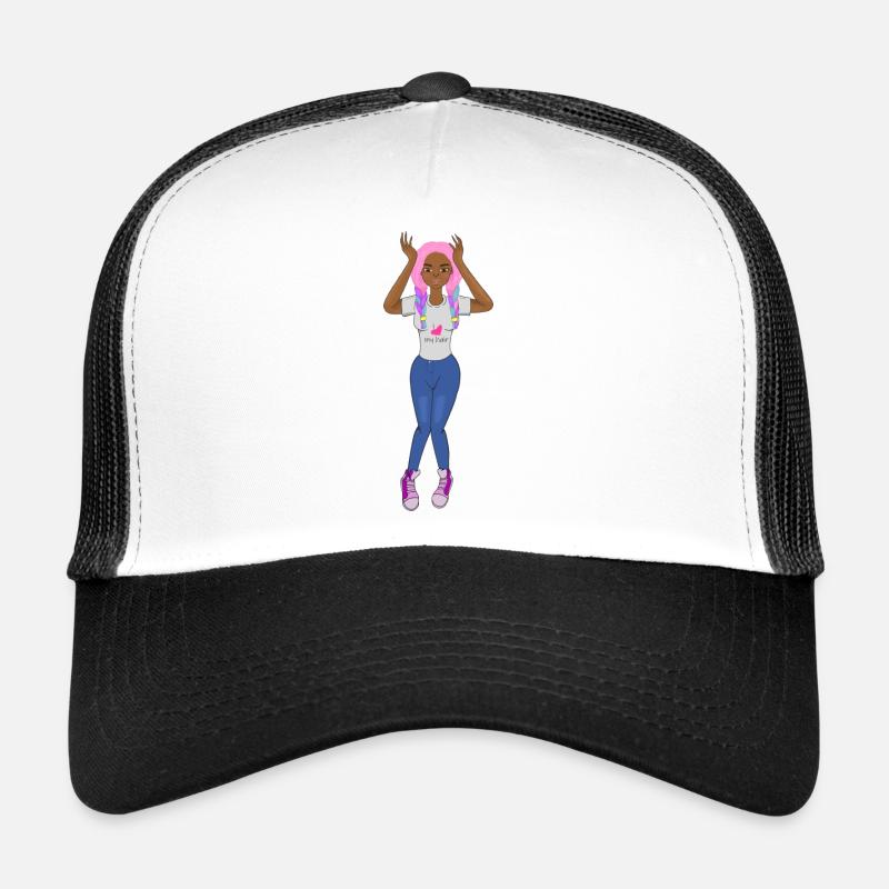 Schwarzes Mädchen, pinke Zöpfe, Haare, süßes Afro-Mädchen, Trucker Cap