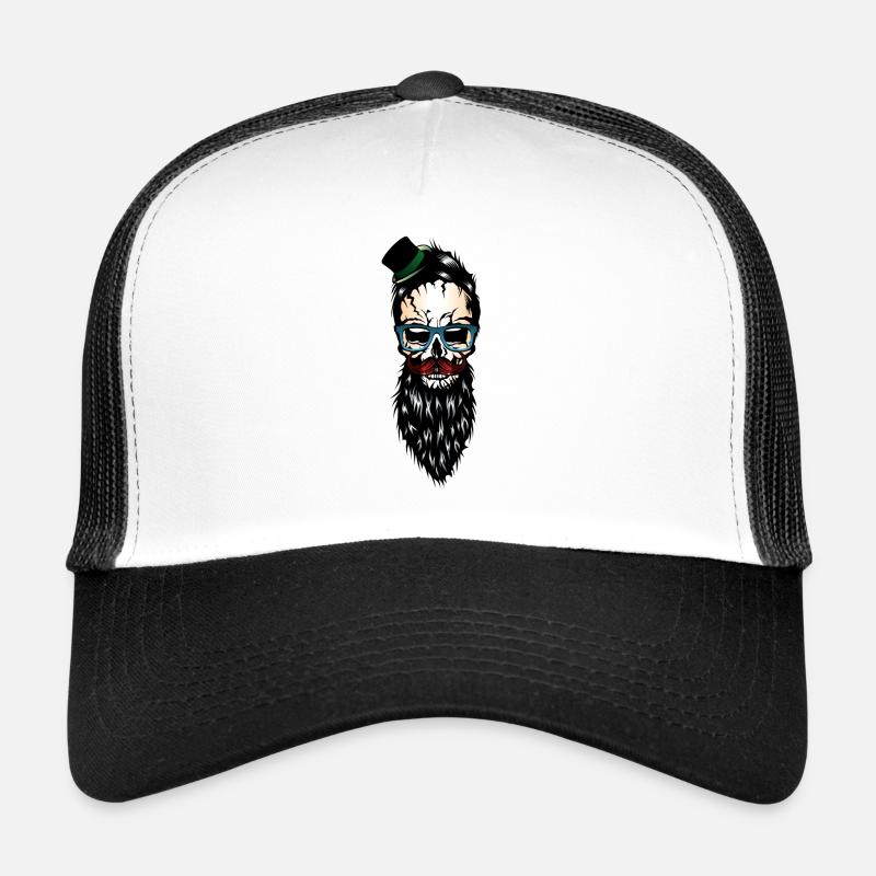 Kopf des bärtigen Barthut-Schnurrbartes des Todes Hipster - Trucker Cap - Weiß/Schwarz