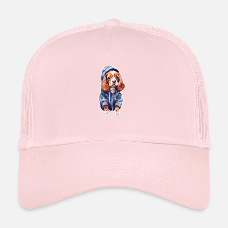 Funny spaniel in dog clothes. Trucker Cap