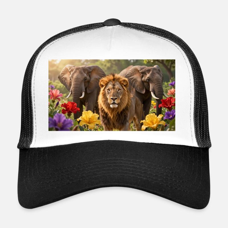 Des lions et des éléphants dans le champ de fleurs - Casquette trucker  - blanc/noir