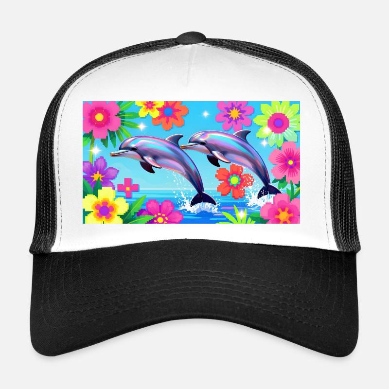 Neon-Delfin-Duo unter tropischen Blüten Trucker Cap