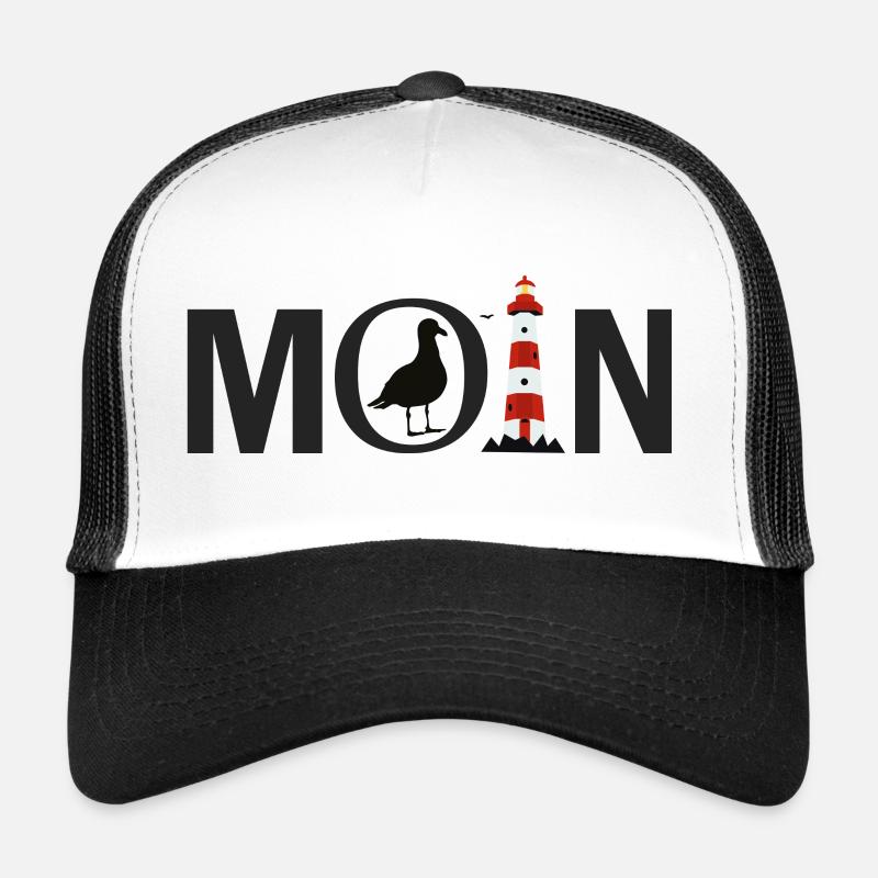 Ostsee Nordsee Spruch Moin mit Möwe und Leuchtturm - Trucker Cap - Weiß/Schwarz
