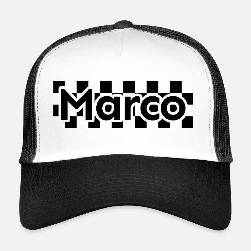 Checkerboard Text First Name Man Last Name Marco Trucker Cap