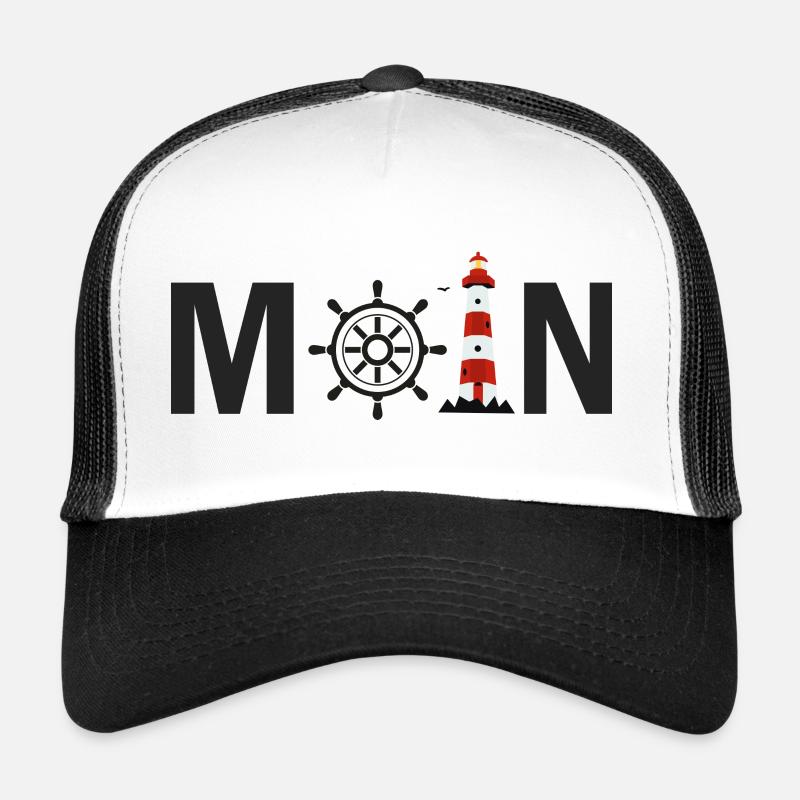 Moin mit dem Schiffsrad und dem Leuchtturm - Trucker Cap - Weiß/Schwarz