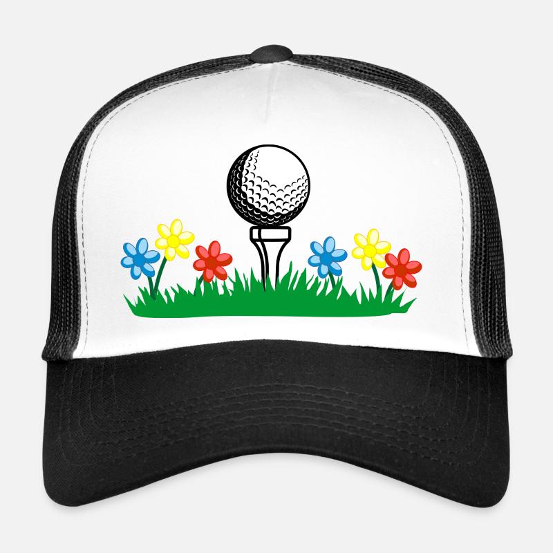 Golf stick and ball on lawn with flowers Trucker Cap