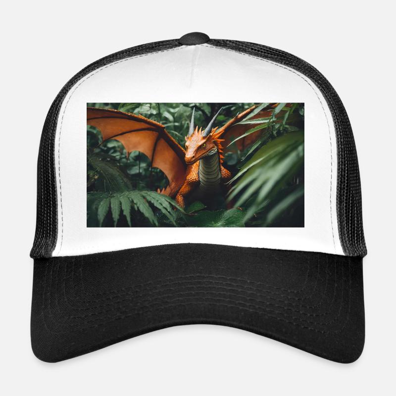 Ein realistischer grün-orangefarbener Drache im Outback Trucker Cap