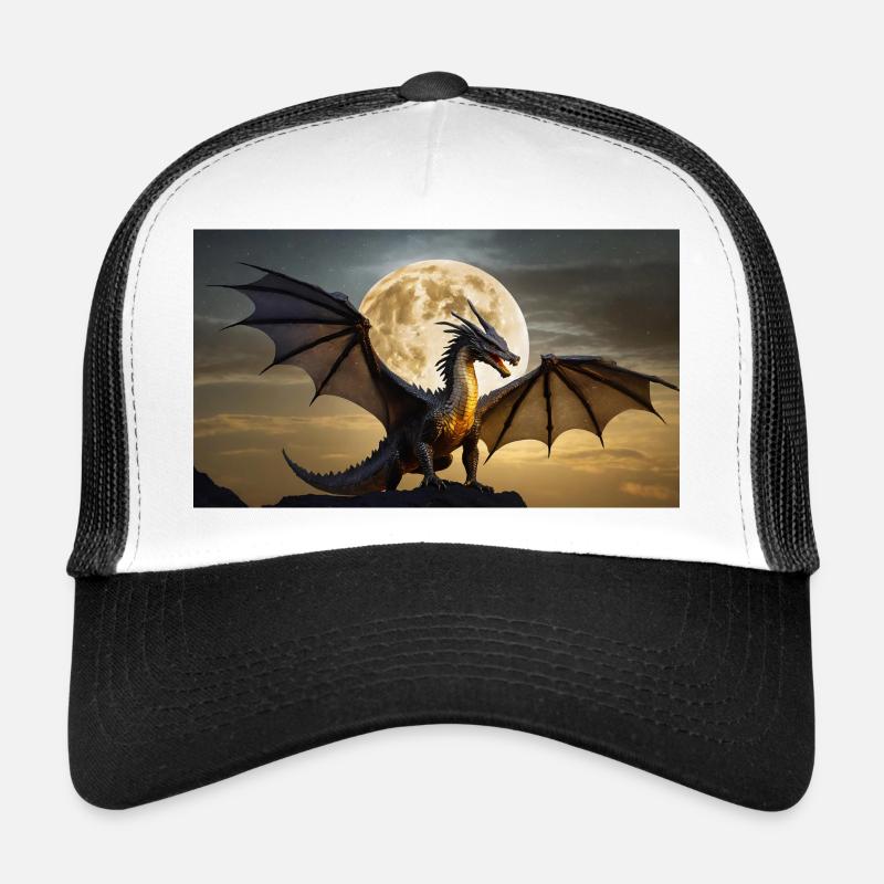 A realistic majestical dark dragon is posing moon - Trucker Cap - white/black