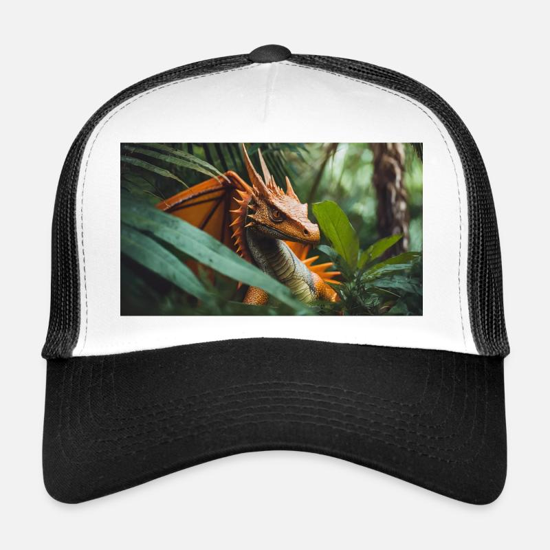 A realistic majestical orange dragon is hunting Trucker Cap