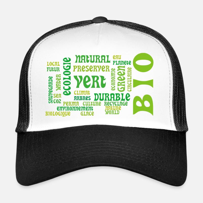 Bio et Ecologie : nuage vert de mots clés - Casquette trucker  - blanc/noir