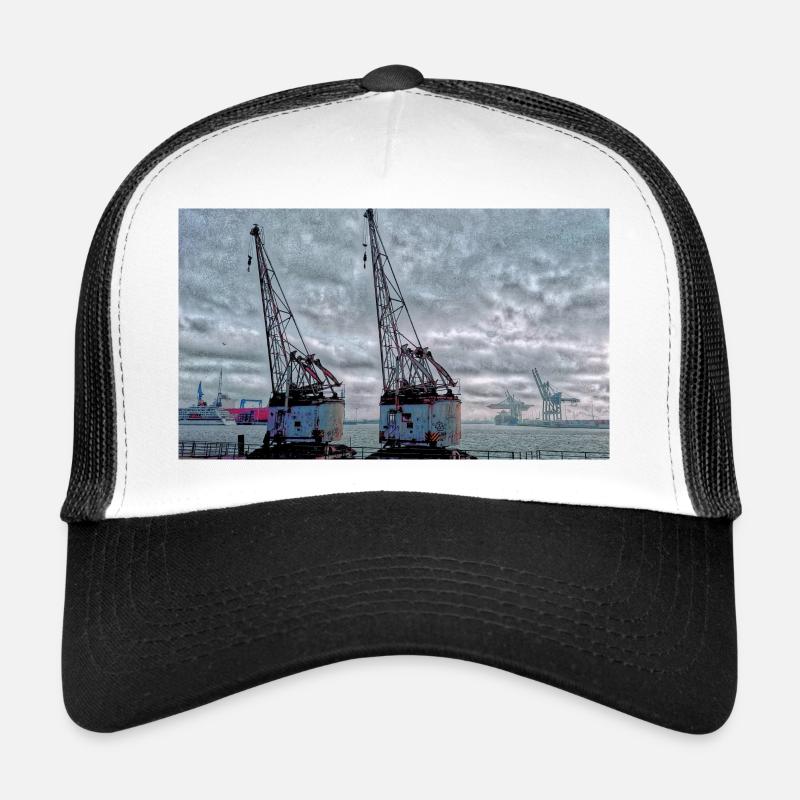 Hamburg harbor port romance with two rusty old Trucker Cap