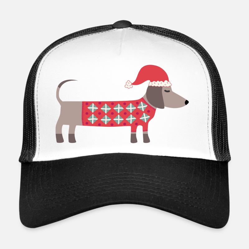 Chien teckel de Noël avec un chapeau de Père Noël et un pull - Casquette trucker  - blanc/noir