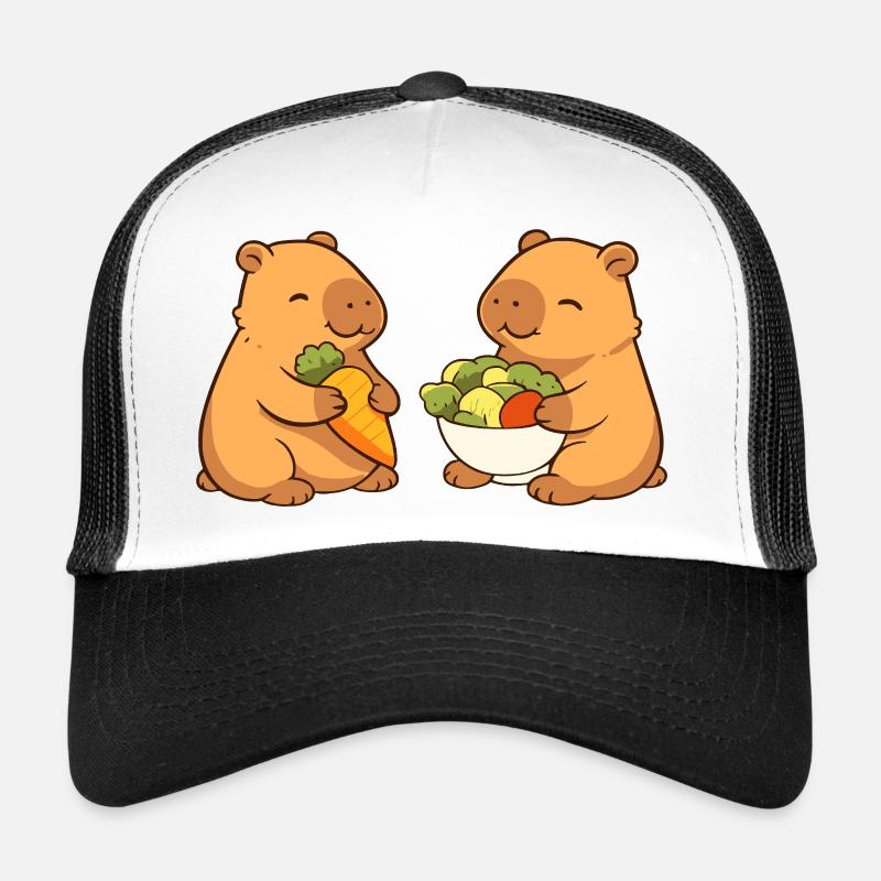 Couple capybara avec des légumes – détendu et mignon Casquette trucker 