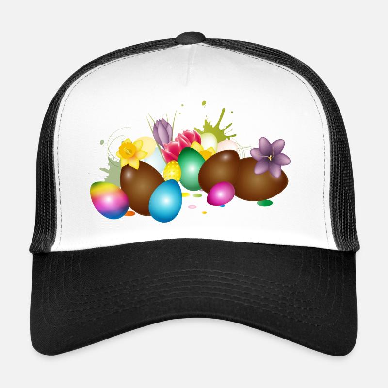Chocolate Easter eggs with colorful eggs and flowers Trucker Cap