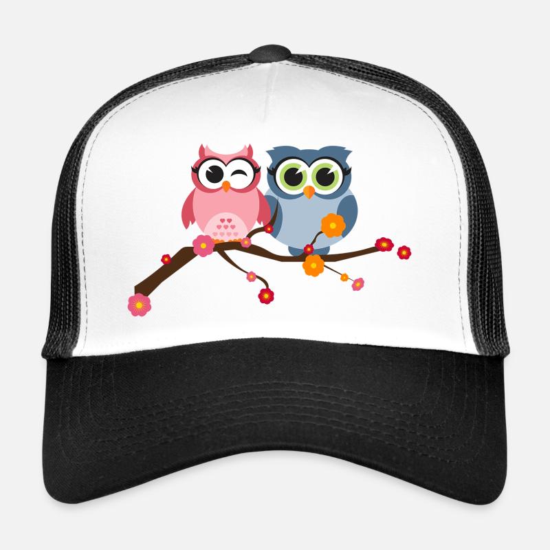 Deux oiseaux hiboux mignons sur une branche avec des fleurs Casquette trucker 