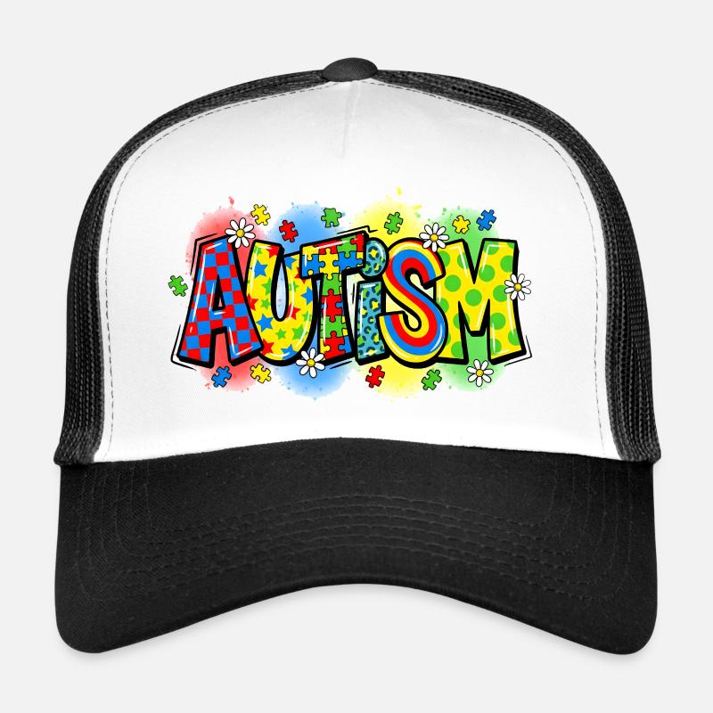 Conception d’énigmes arc-en-ciel de sensibilisation à l’autisme - Casquette trucker - blanc/noir