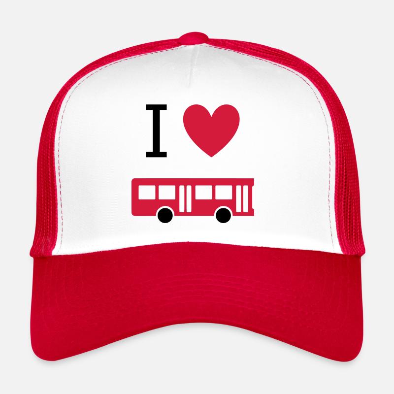 ★ Designfarben änderbar ★ Ich liebe Busse - Trucker Cap - Weiß/Rot