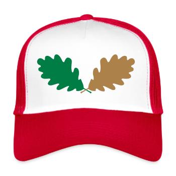 ★ Designfarben änderbar ★ Zwei Blätter einer Eiche - Trucker Cap - Weiß/Rot - Vorne